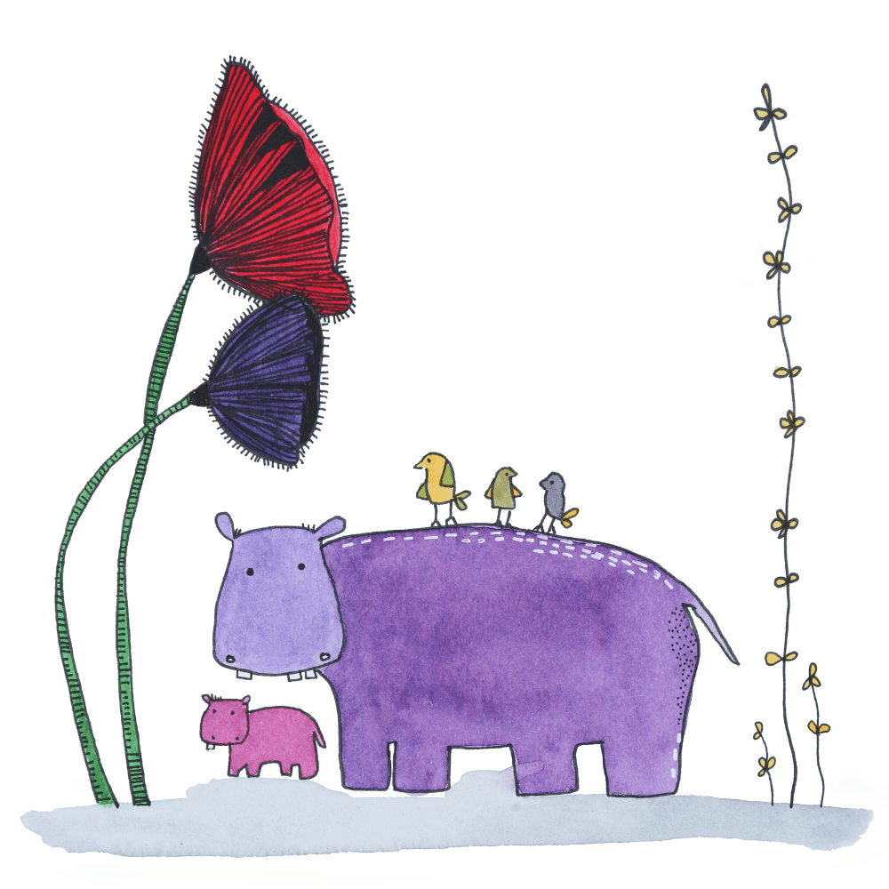 Pen & Ink Illustration Hippo Mom and Baby