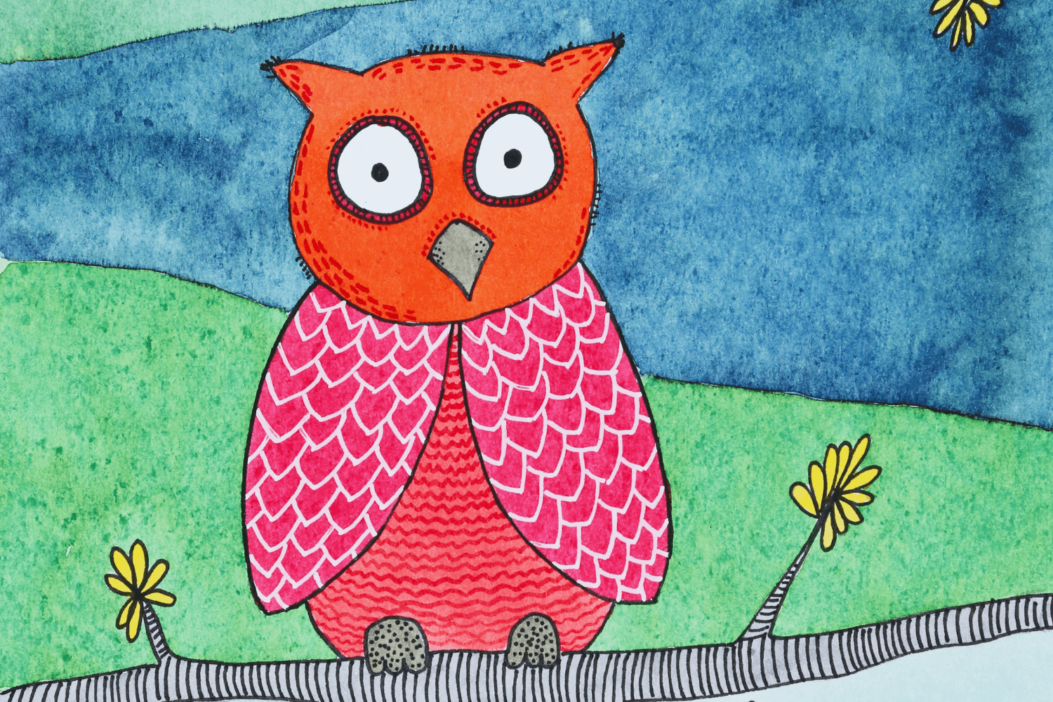 Orange and Pink Owl Pen and Ink Illustration