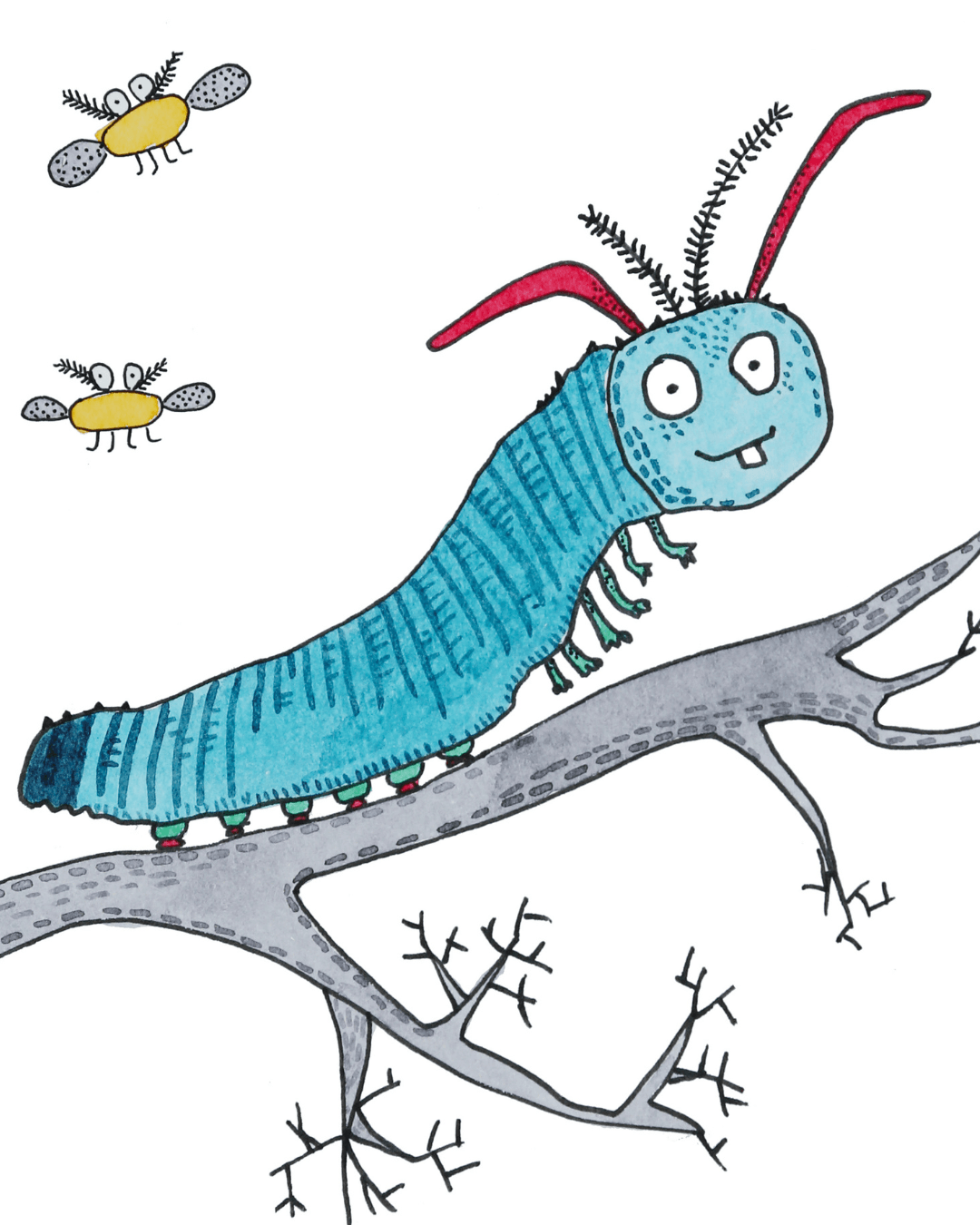 Pen & Ink Illustration Blue Caterpillar