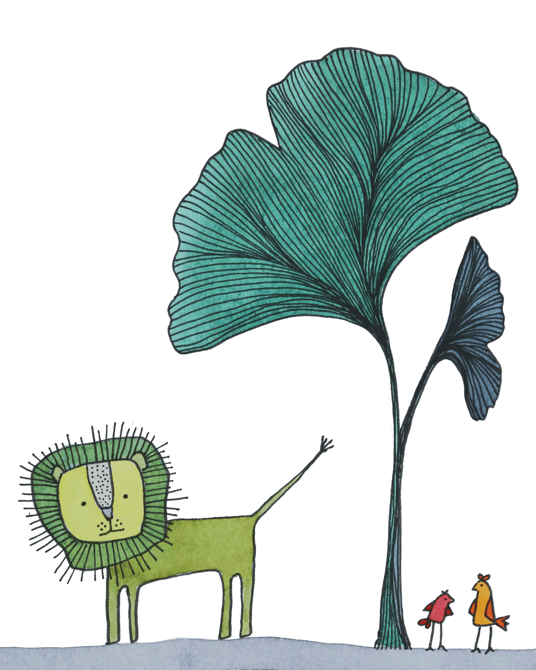 Pen & Ink Illustration Green Lion