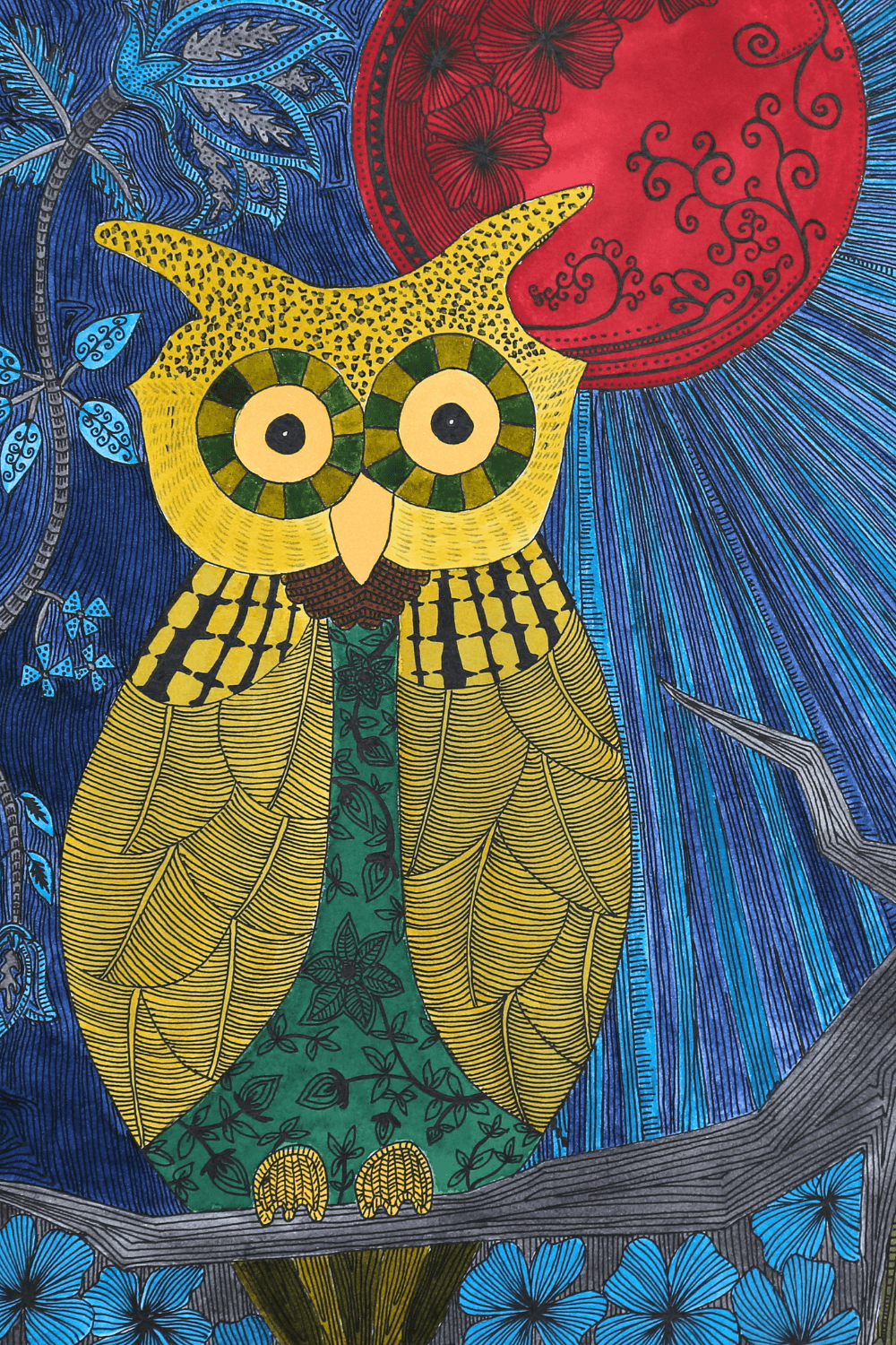 Pen & Ink Illustration Green Owl