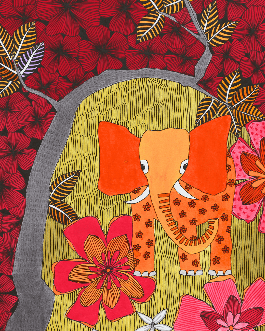 Pen & Ink Illustration Orange Elephant